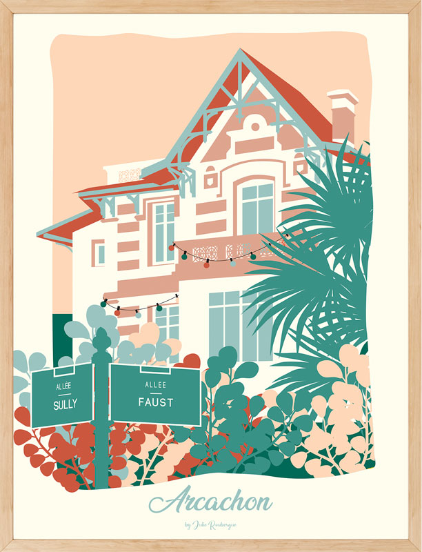 Affiche Arcachon Ville d’Hiver pastel encadrée – Illustration graphique aux tons feutrés