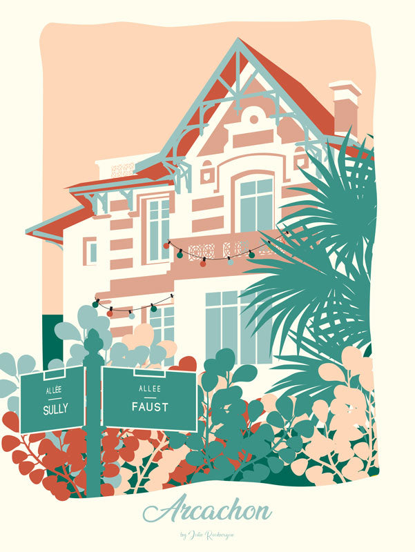 Affiche Arcachon Ville d’Hiver pastel seule – Version douce et poudrée de la villa arcachonnaise