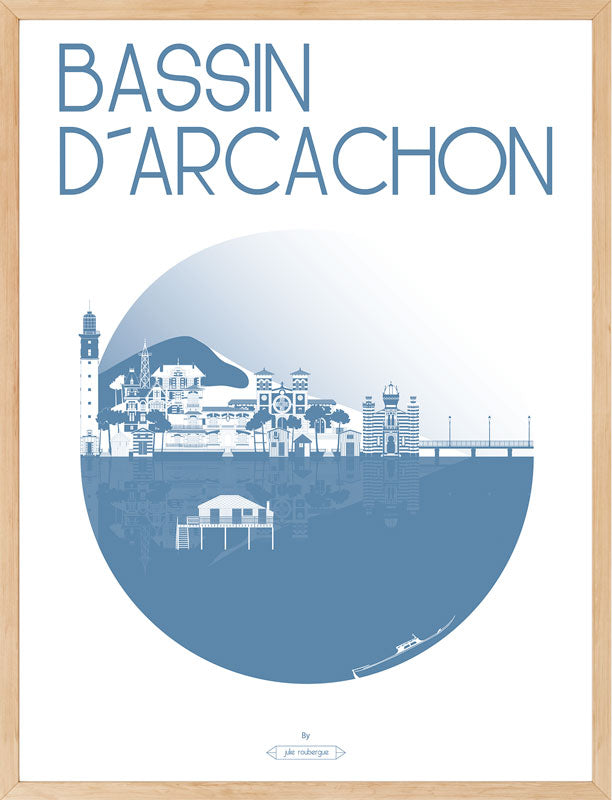 Illustration du Bassin d’Arcachon en bleuet encadrée dans un cadre bois clair, déco d’intérieur épurée.