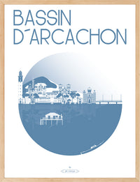 Illustration du Bassin d’Arcachon en bleuet encadrée dans un cadre bois clair, déco d’intérieur épurée.