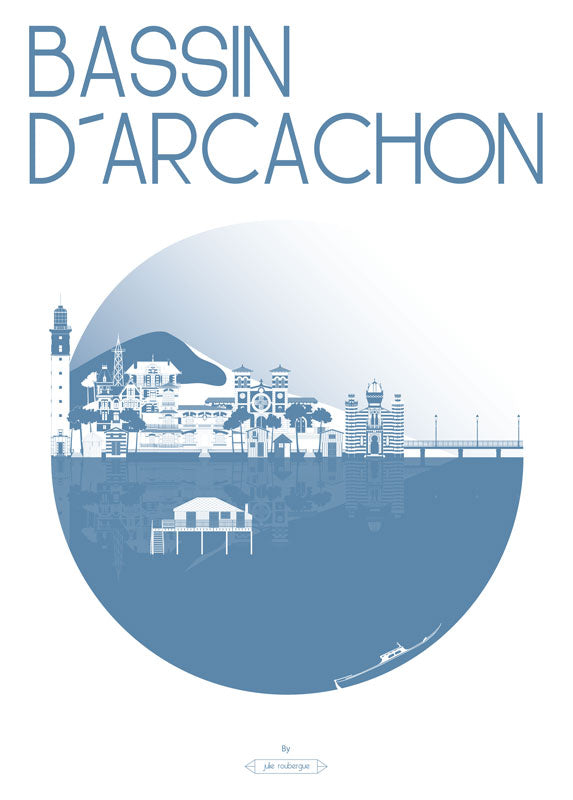Affiche Bassin d’Arcachon – La Ville en couleur bleuet, panorama graphique du bassin.
