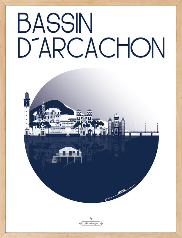 Affiche Bassin d’Arcachon couleur marine dans un cadre noir moderne, décoration murale élégante.