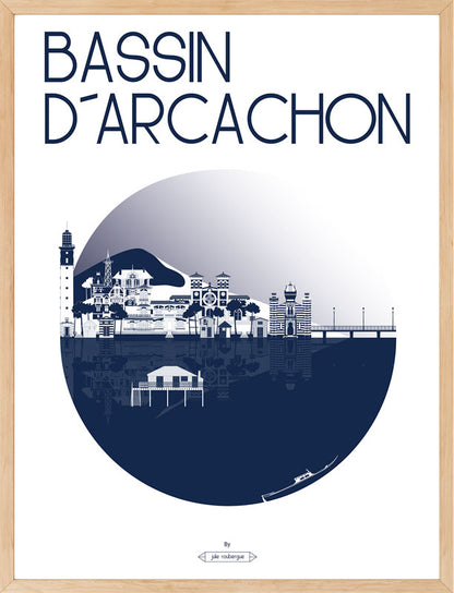 Affiche Bassin d’Arcachon couleur marine dans un cadre noir moderne, décoration murale élégante.