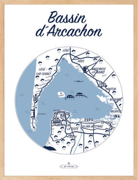 Affiche encadrée du Bassin d’Arcachon en bleu marine et blanc – décoration murale géographique et poétique.