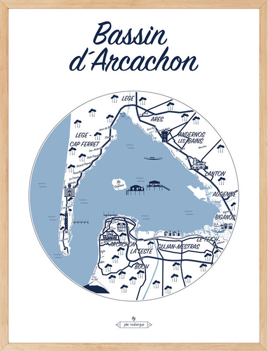 Affiche encadrée du Bassin d’Arcachon en bleu marine et blanc – décoration murale géographique et poétique.