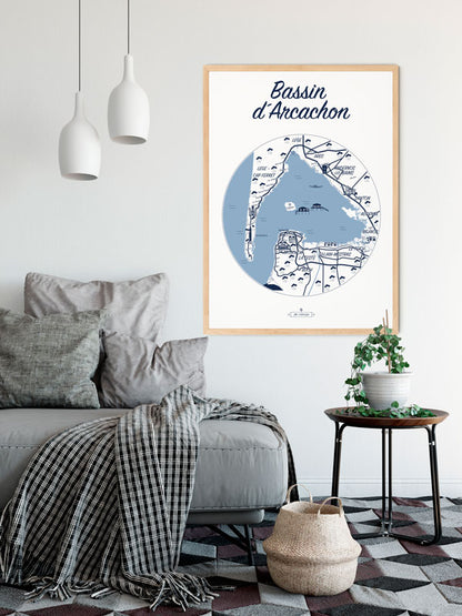 Mise en situation d’une affiche du Bassin d’Arcachon version marine – décoration murale bord de mer.