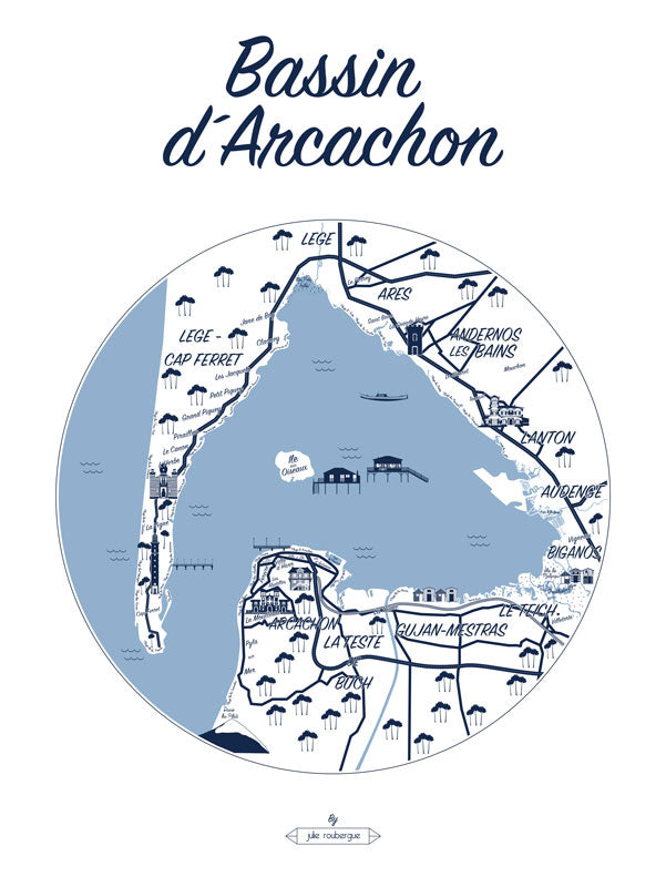 Affiche illustrée du Bassin d’Arcachon version blanc et marine – carte artistique du bassin avec détails des villes, cabanes et paysages.