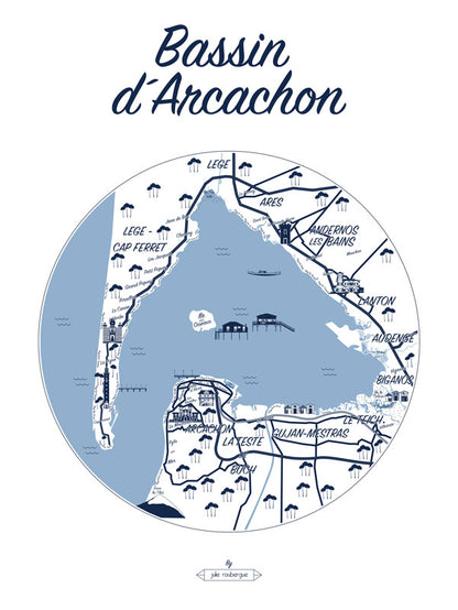 Affiche illustrée du Bassin d’Arcachon version blanc et marine – carte artistique du bassin avec détails des villes, cabanes et paysages.