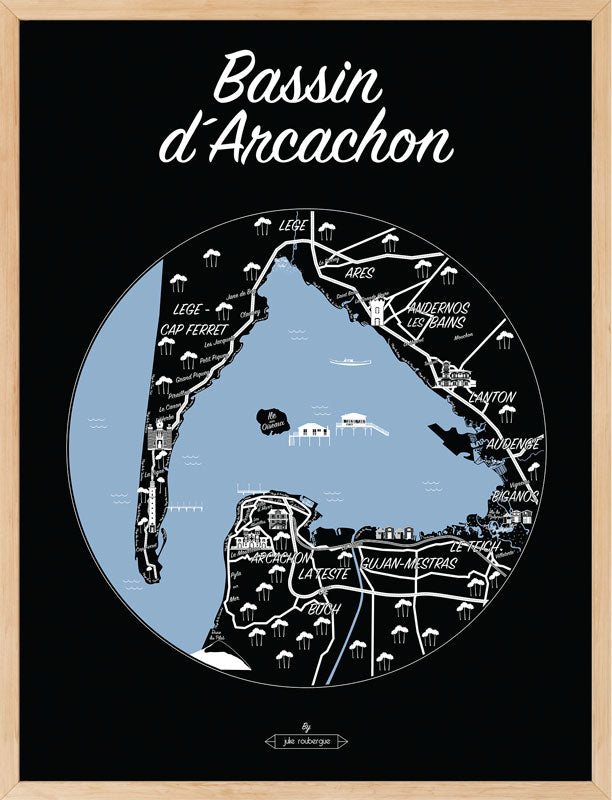 Affiche encadrée noir et blanc du Bassin d’Arcachon – illustration murale élégante et contrastée.