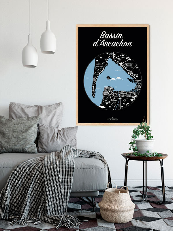 Vue en situation d’une affiche noire et blanche du Bassin d’Arcachon – ambiance graphique et contemporaine.