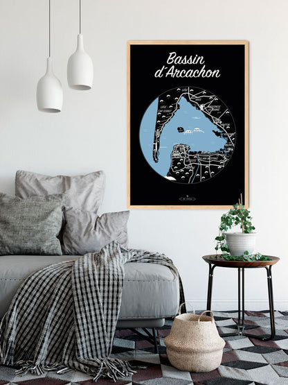 Vue en situation d’une affiche noire et blanche du Bassin d’Arcachon – ambiance graphique et contemporaine.