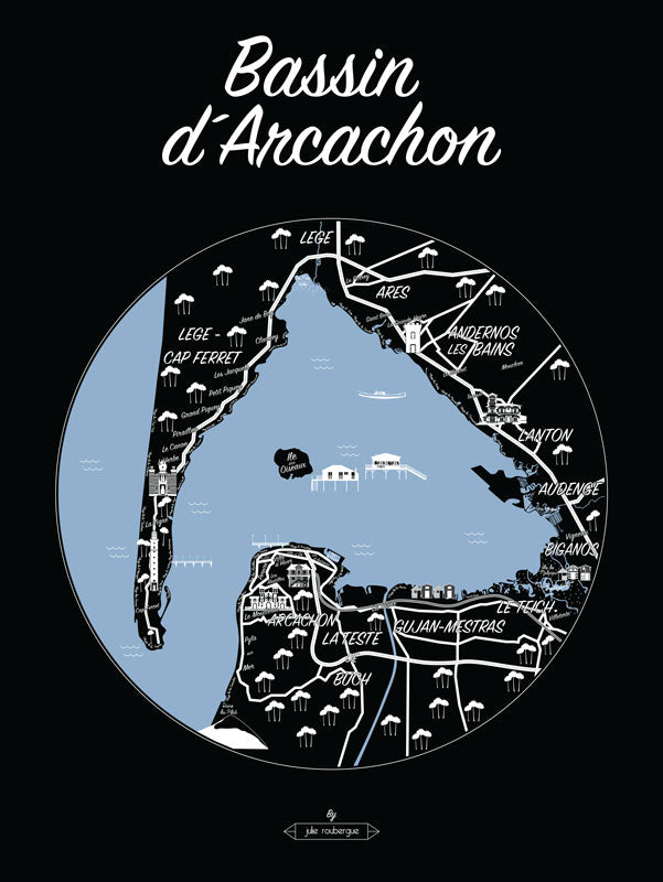 Affiche illustrée du Bassin d’Arcachon version noir et blanc – carte graphique avec détails du Cap Ferret, Arcachon, Andernos.