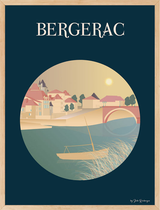 Affiche Bergerac encadrée en bois naturel, illustration d’art aux couleurs pastel représentant le centre historique et la rivière.