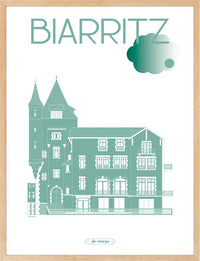Affiche encadrée Biarritz – Villa Belza, illustration verte au style graphique élégant, dans un cadre en bois 30x40 cm, décoration murale moderne.