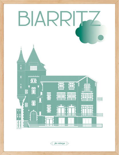 Affiche encadrée Biarritz – Villa Belza, illustration verte au style graphique élégant, dans un cadre en bois 30x40 cm, décoration murale moderne.