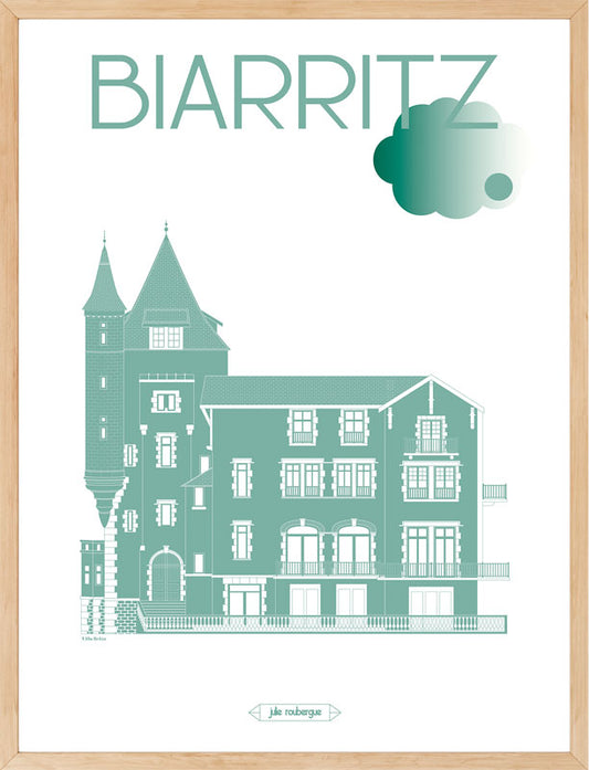 Affiche encadrée Biarritz – Villa Belza, illustration verte au style graphique élégant, dans un cadre en bois 30x40 cm, décoration murale moderne.