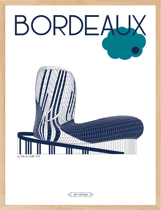 Affiche Bordeaux – La Cité du Vin encadrée en noir, illustration contemporaine de Julie Roubergue.
