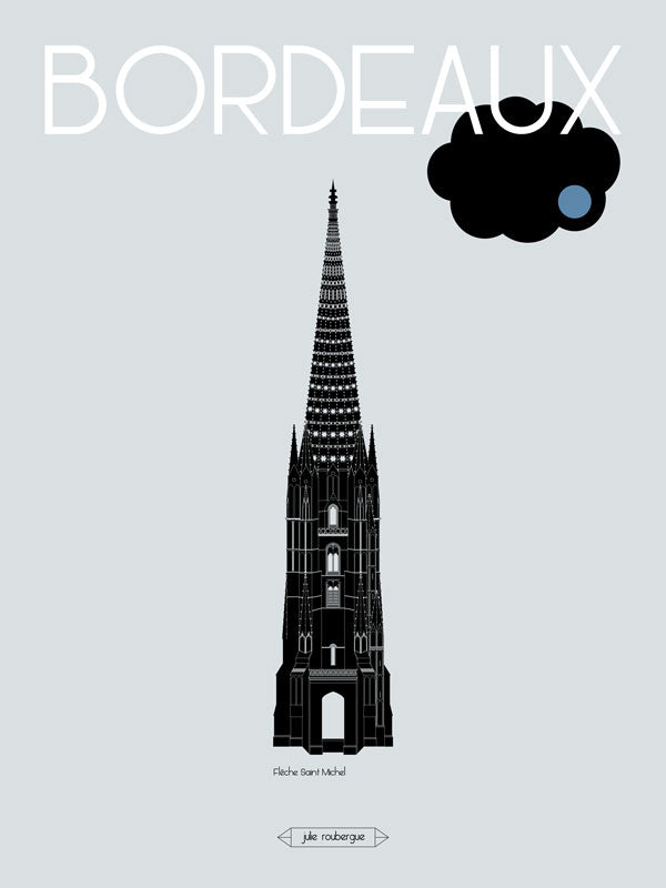 Affiche illustrée de la Flèche Saint-Michel à Bordeaux, vue frontale en noir sur fond gris
