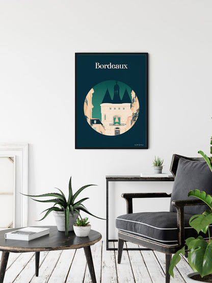 Illustration de la Grosse Cloche de Bordeaux accrochée au mur d’un salon au style vintage chic.