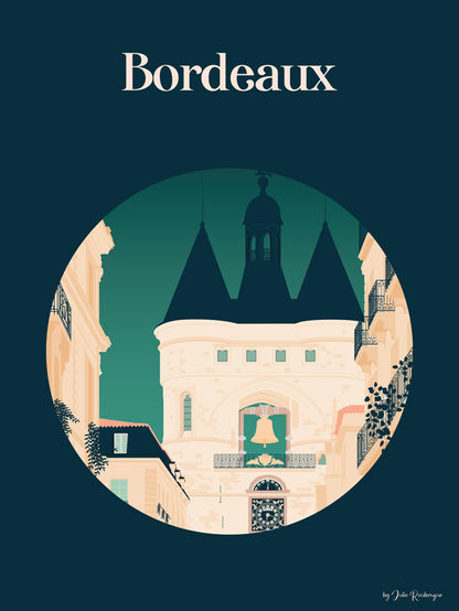 Illustration artistique de la Grosse Cloche de Bordeaux sur fond bleu nuit – affiche 30x40 cm signée Julie Roubergue