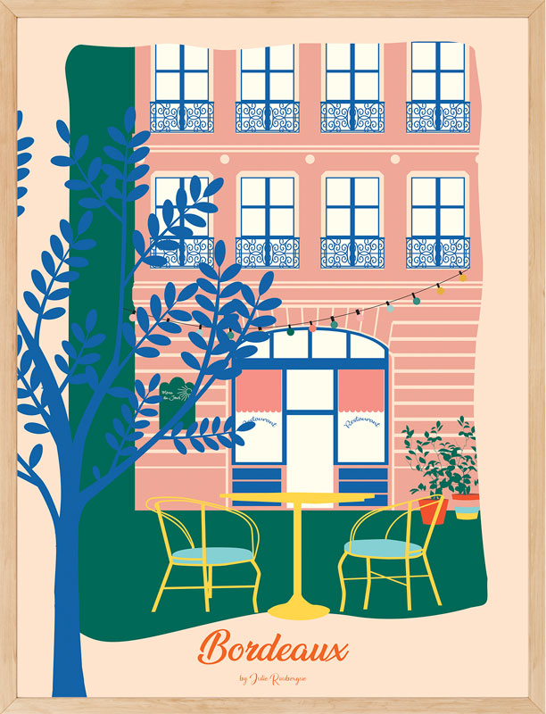 Affiche Bordeaux – La Terrasse multicolore dans un cadre bois clair – décoration murale