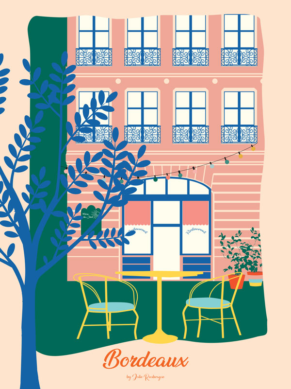  Illustration Bordeaux – La Terrasse, version multicolore – affiche murale 30x40cm