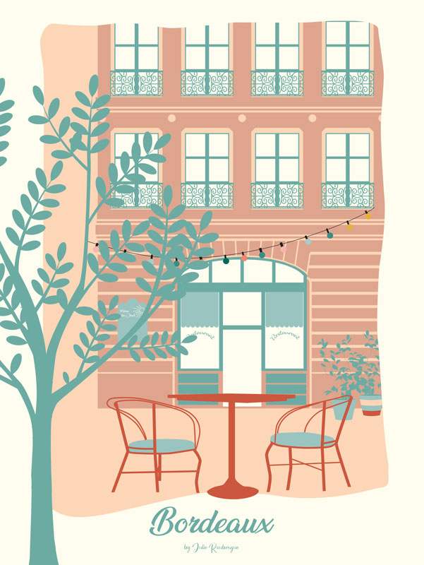 Illustration Bordeaux – La Terrasse, version pastel – affiche déco murale douce.