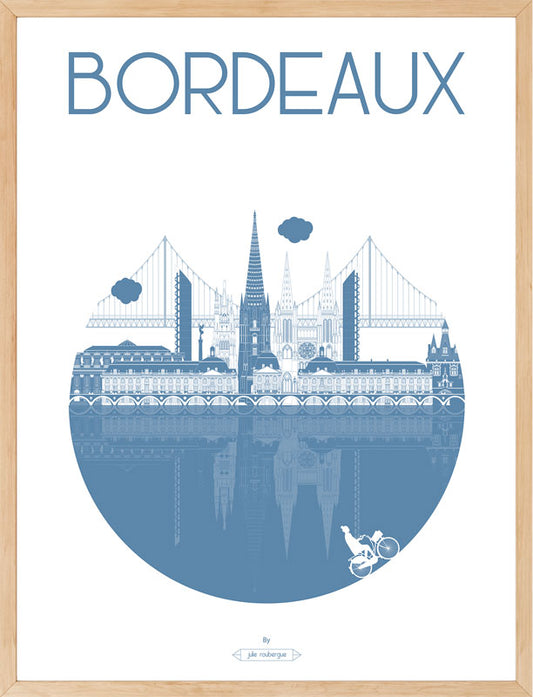 Affiche Bordeaux – La Ville, version bleuet encadrée, représentant les monuments de Bordeaux en symétrie.