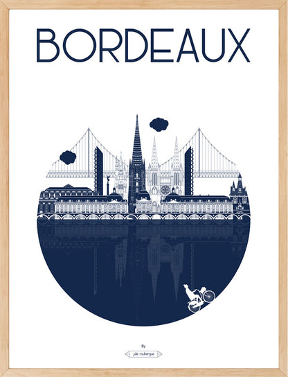 Affiche Bordeaux – La Ville, version marine encadrée, architecture de Bordeaux avec reflets sur la Garonne.