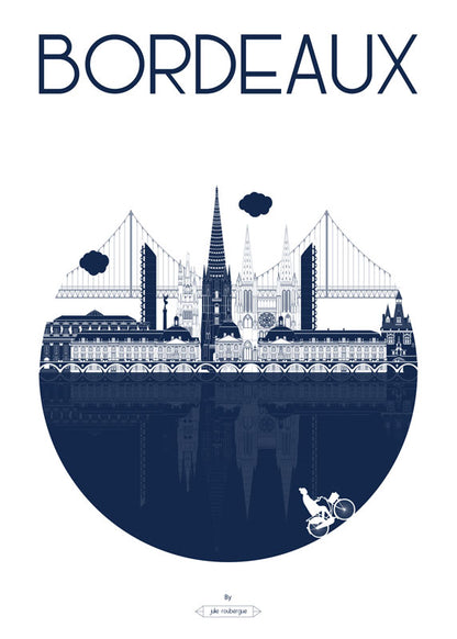 Affiche Bordeaux – La Ville, version marine, représentant les monuments de Bordeaux en symétrie.