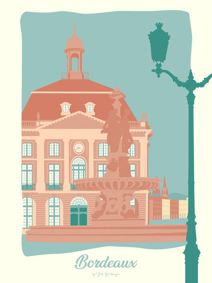 Illustration de la Place de la Bourse à Bordeaux en couleurs pastel – affiche décorative signée Julie Roubergue