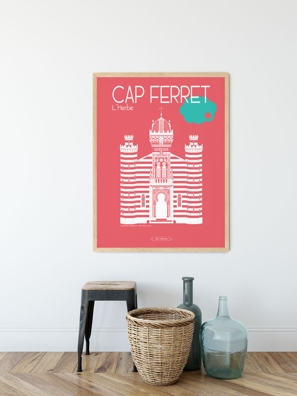 Affiche décorative Cap Ferret – Chapelle de la Villa Algérienne en intérieur. Illustration framboise 30x40 cm au style graphique affirmé.