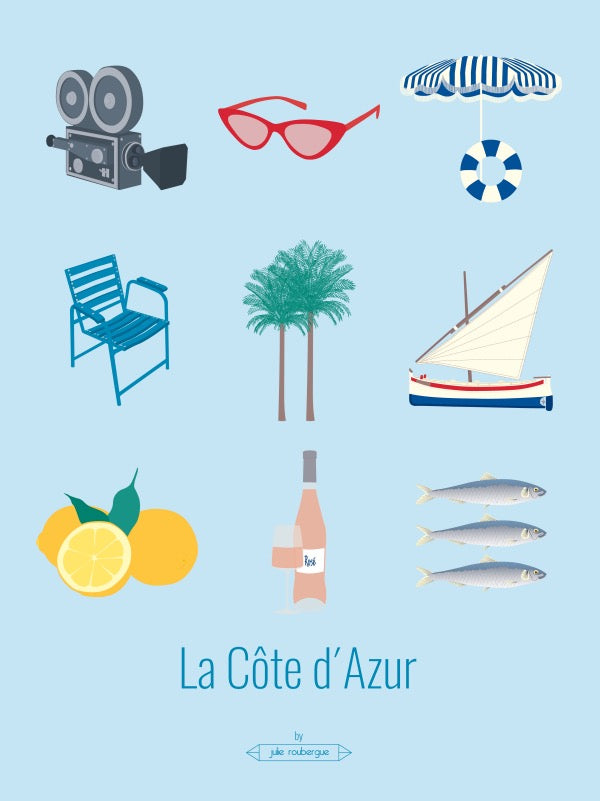 Les Iconiques : illustration graphique représentant les symboles de la Côte d’Azur sur fond bleu.