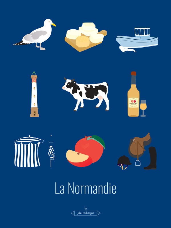 Affiche La Normandie – Les Iconiques, format 30x40 cm, fond bleu avec illustrations graphiques typiques.