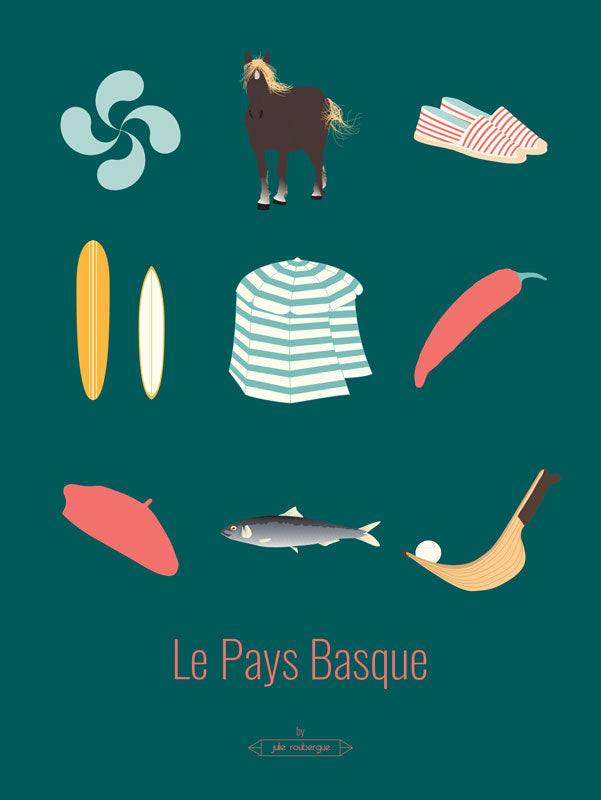 Affiche Le Pays Basque – Les Iconiques, format 30x40 cm, avec symboles régionaux sur fond vert.