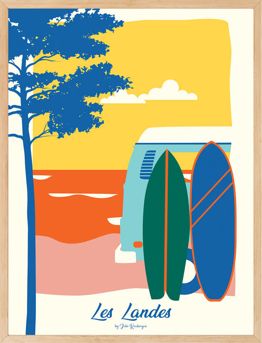 Illustration Les Landes – Les Surfs multicolore dans un cadre bois clair.