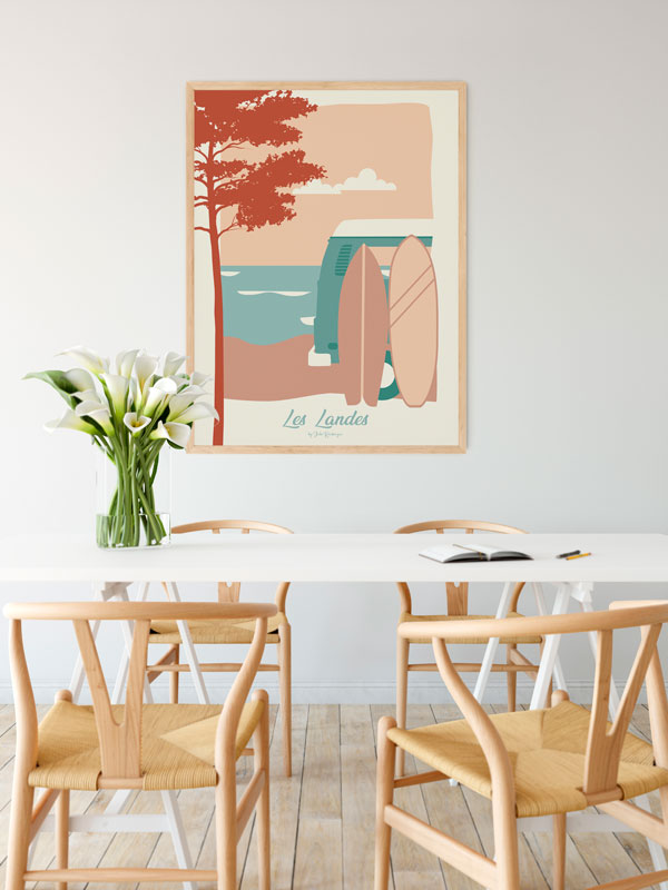 Affiche pastel Les Landes – Les Surfs dans une ambiance bord de mer apaisante.