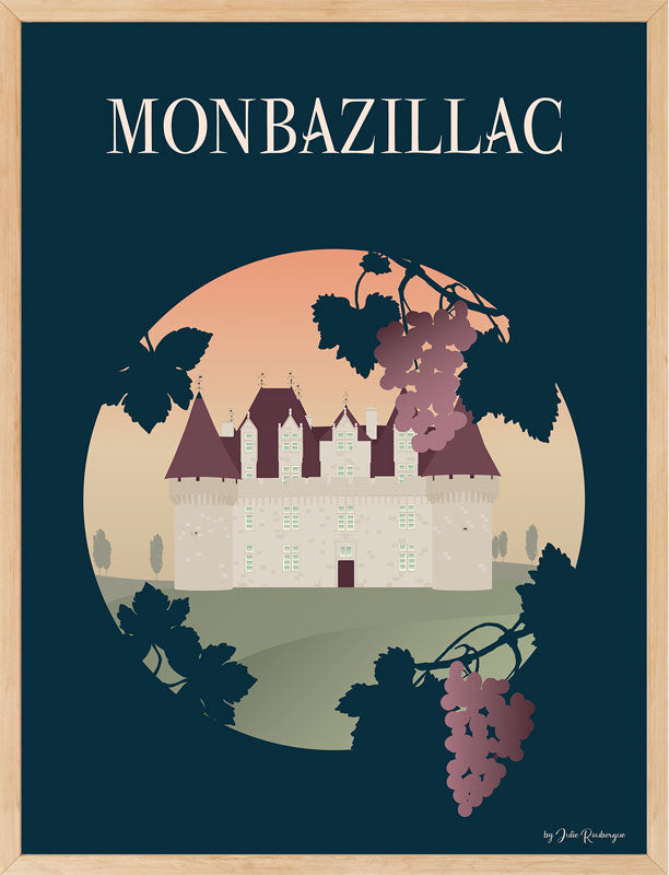 Affiche Monbazillac encadrée en bois clair, château et vignes dans une composition élégante et pastel.