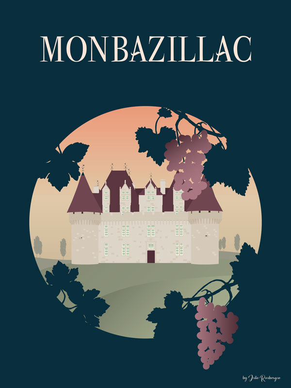 Affiche illustrée du château de Monbazillac au format 30x40 cm, architecture Renaissance entourée de vignes.