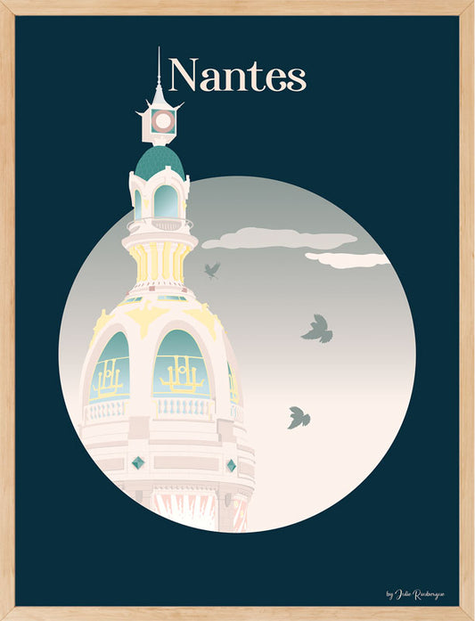 Affiche encadrée de la Tour Lu à Nantes, aux tons pastel et style Art nouveau, mise en valeur dans un cadre en bois clair.