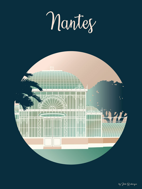 Affiche illustrée Nantes – Jardin des Plantes en 30x40 cm, serre botanique graphique.