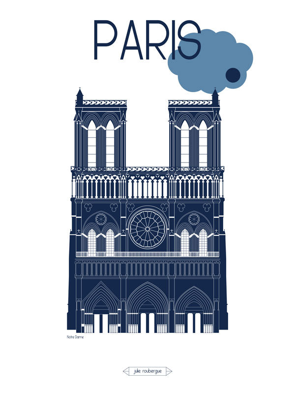 Affiche Notre-Dame de Paris – illustration architecturale en bleu marine, design Julie Roubergue.