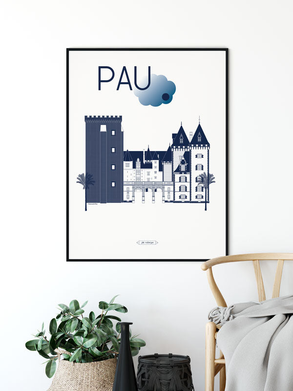 Affiche Pau Le Château mise en scène dans un intérieur – illustration élégante et détaillée du patrimoine pyrénéen.