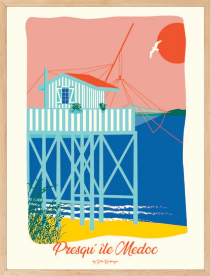 Affiche encadrée Presqu’île du Médoc – Le Carrelet, mise en valeur dans un cadre bois clair, déco bord de mer.