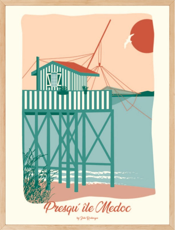 Affiche encadrée Presqu’île du Médoc – Le Carrelet avec ses couleurs pastel, mise en valeur dans un cadre bois clair, déco bord de mer.