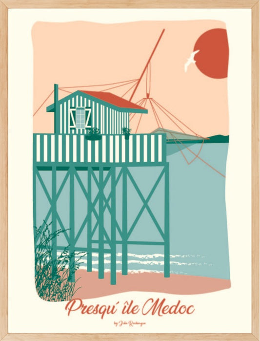 Affiche encadrée Presqu’île du Médoc – Le Carrelet avec ses couleurs pastel, mise en valeur dans un cadre bois clair, déco bord de mer.