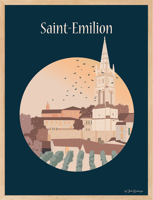 Affiche encadrée Saint-Émilion – Le Village, illustration d'art dans un cadre bois clair, ambiance sobre et élégante.