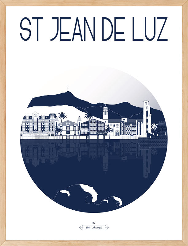 Affiche encadrée Saint Jean de Luz – La Ville, bleu marine, dans un cadre noir 50x70 cm. Design contemporain.