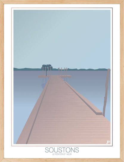 Affiche Soustons Le Ponton d’Azur encadrée, mise en scène dans un intérieur lumineux et naturel.