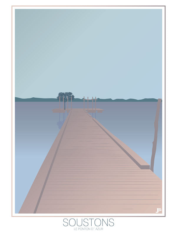 Affiche illustrée du ponton de Soustons, tons pastel bleu et bois, design épuré sur fond de lac.